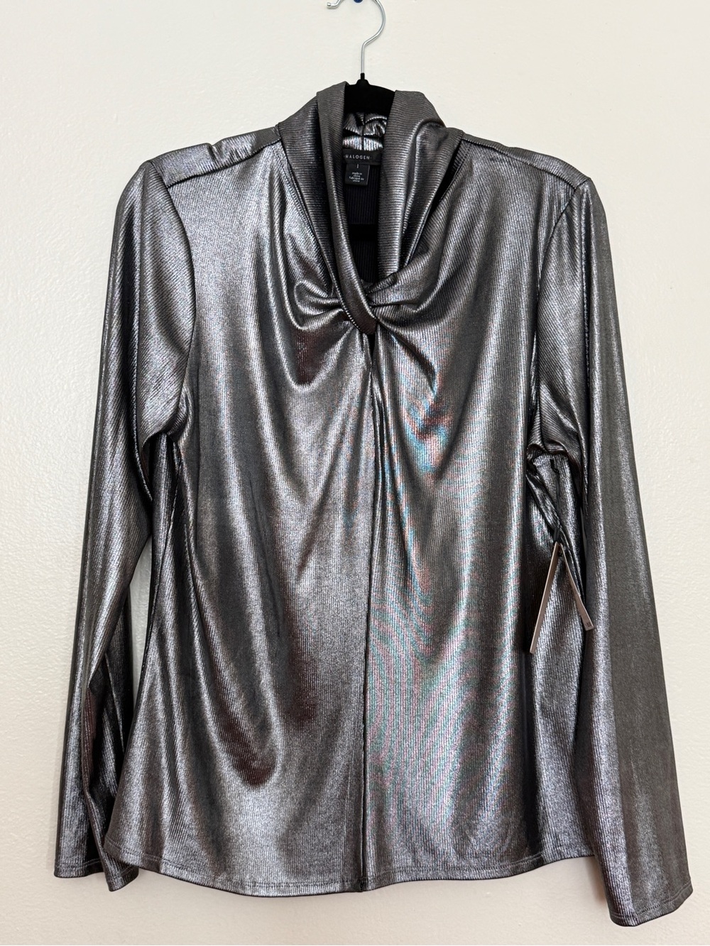Halogen Silver Metallic Draped Cowl Neck Blouse